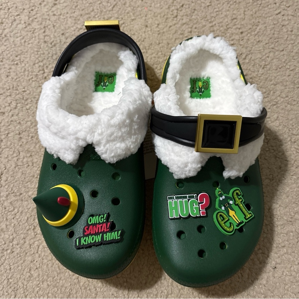 Crocs Buddy The Elf Kids Size 3 Fleece Lined Christmas Clogs Mules Shoes Green - Picture 6 of 11